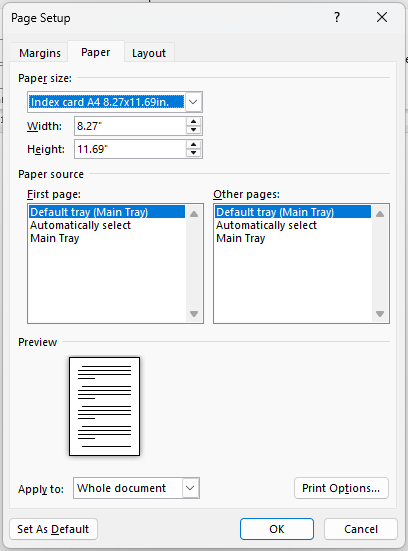 Page setup Paper in Word